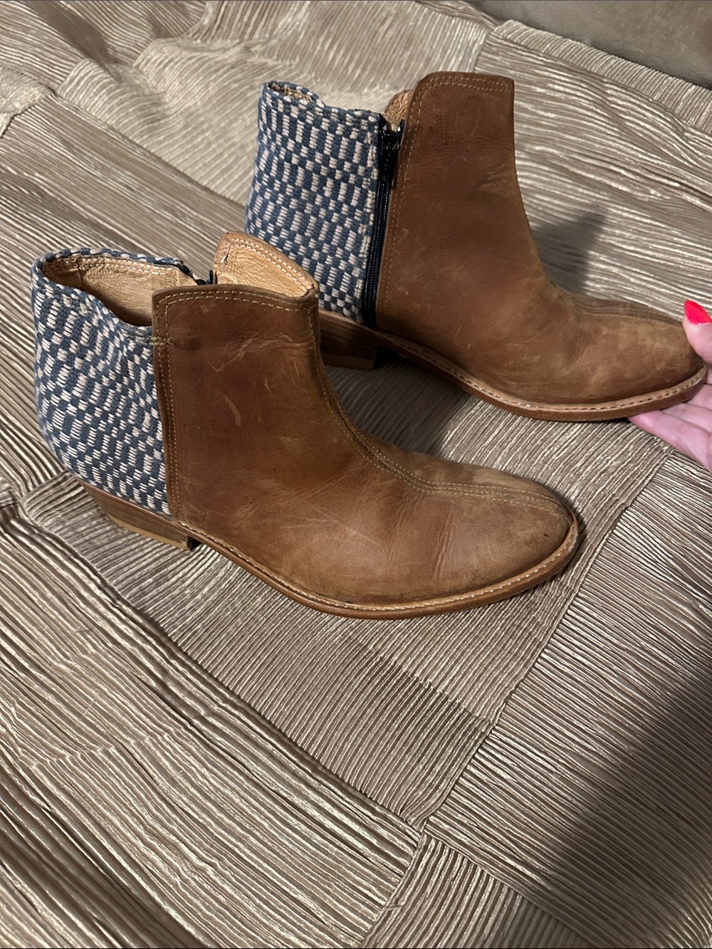 Women's Brown Leather Ankle Booties with Blue Woven Back